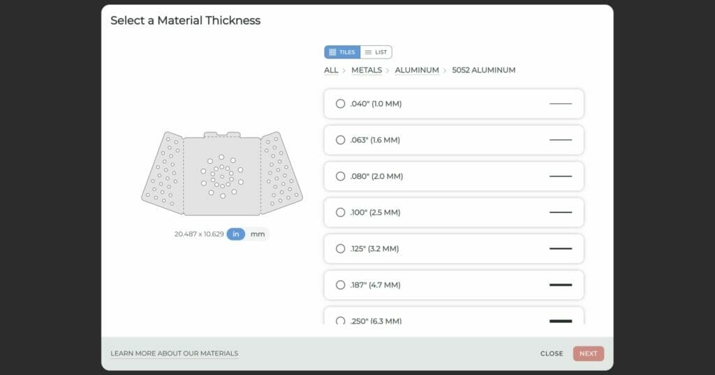 Screenshot of the SendCutSend ordering process that shows the dimensional thicknesses available for 5052 Aluminum.